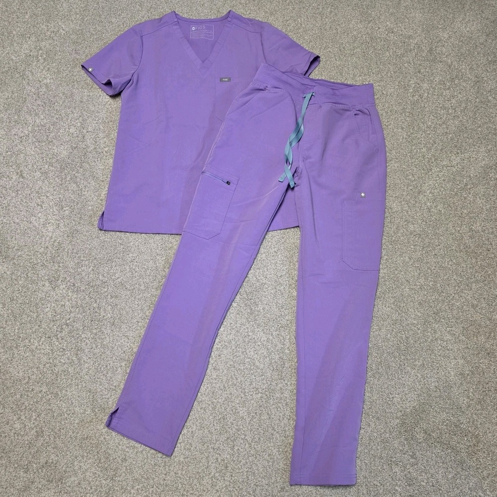 FIGS Women's Lavender Scrub Set Catarina Scrub Top & High Waisted Yola Pants SM